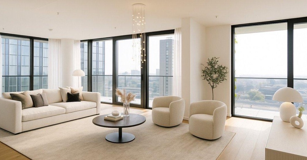 Intérieur résidentiel lumineux et contemporain avec grandes baies vitrées et mobilier aux tons naturels