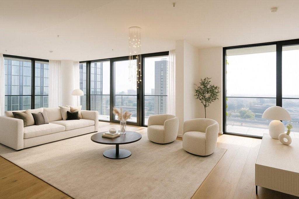 Salon lumineux d'un appartement contemporain destiné à la location longue durée